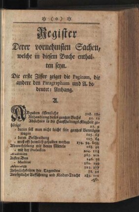 Register Derer vornehmsten Sachen, welche in diesem Buche enthalten seyn.