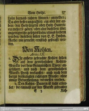 Von Kohlen. Artic. IX