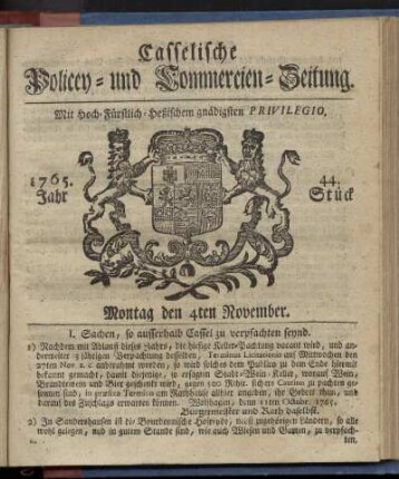 44. Stueck, Montag den 4ten November 1765