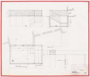 Wohnsiedlung (»Neues Heim«), Berlin-Spandau: Langbau Nord: Mülltonnensenke, Treppengeländer. Ansicht, Schnitt, Grundriss 1:20, Detail 1:1