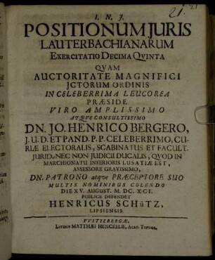 Positionum Juris Lauterbachianarum Exercitatio Decima Quinta