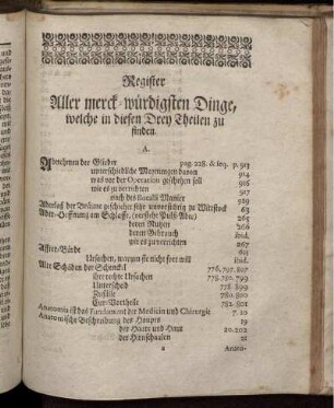 Register Aller merck-würdigsten Dinge, welche in diesen Drey Theilen zu finden.