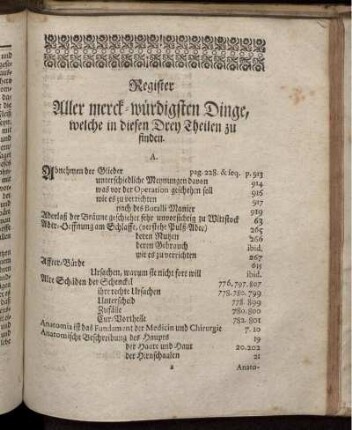 Register Aller merck-würdigsten Dinge, welche in diesen Drey Theilen zu finden.