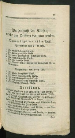 Verzeichnis der Classen, welche zur Prüfung vortreten werden.