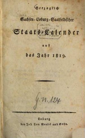 Herzoglich-Sachsen-Coburg-Saalfeldischer Staats-Calender : auf d. Jahr ... 1819