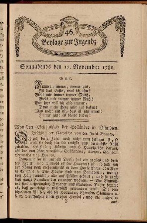 46. Beylage zur Jugendz. Sonnabends den 17. November 1781