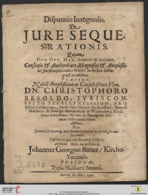 Disputatio Inauguralis, De Iure Sequesrationis [i.e. Sequestrationis]