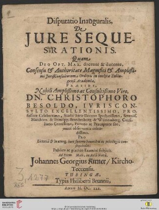 Disputatio Inauguralis, De Iure Sequesrationis [i.e. Sequestrationis]
