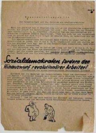 Hektografiertes Propagandaflugblatt der RGO mit scharfer Polemik gegen sozialdemokratische Betriebsräte und Gewerkschafter