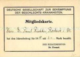 Mitgliedskarte der Deutschen Gesellschaft zur Bekämpfung der Geschlechtskrankheiten von Dr. Paul Richter