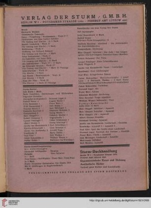 Verlag Der Sturm / Musik / Sturm-Karten / Sturm-Ausstellungskataloge / Kunstdrucke / Sturm-Buchhandlung