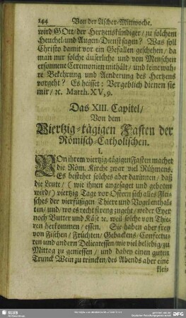 Das XIII. Capitel, Von dem Viertzig-tägigen Fasten der Römisch-Catholischen