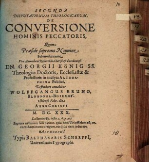 Secunda disputationum theologicarum de conversione hominis peccatoris