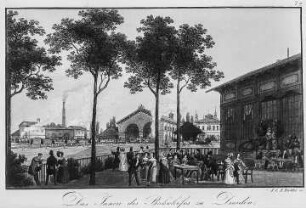 Das Innere des Bahnhofes zu Dresden : Dresden-Neustadt, Leipziger Bahnhof, kolorierter Stich, um 1845