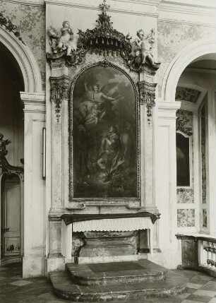 Seitenaltar, Bekehrung des Hl. Hubertus : Schloss Hubertusburg, Schlosskapelle, rechter Seitenaltar, dem Heiligen Hubertus geweiht (Bekehrung des Hl. Hubertus)