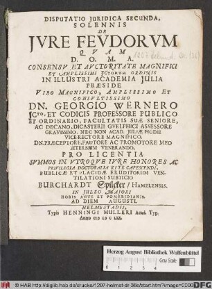 Disputatio Iuridica Secunda, Solennis De Iure Feudorum