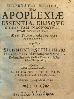 Disputatio Medica, De Apoplexiae Essentia, Eiusque Signis Tam Diagnosticis