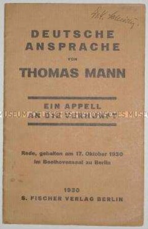 Rede von Thomas Mann, gehalten am 17. Oktober 1930 im Beethovensaal zu Berlin