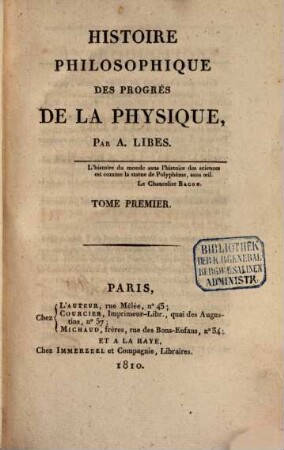 Histoire philosophique des progrès de la physique. 1