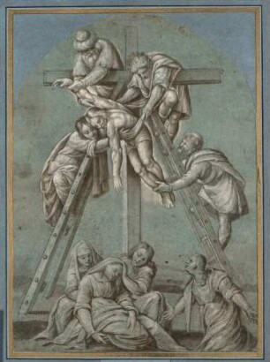 Christus wird vom Kreuz abgenommen, unten die heiligen Frauen