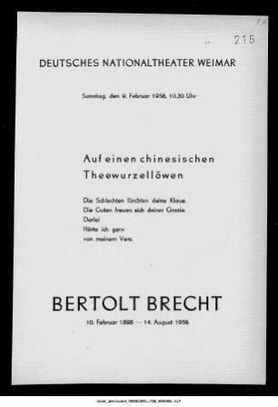 Auf einen chinesischen Theewurzellöwen [...] Bertolt Brecht