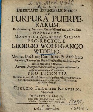 Dissertatio Inauguralis Medica De Purpura Puerperarum