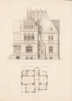 Pfarrhaus, Hamburg-Altona: Grundriss 1. OG, Ansicht von Norden (aus: Architektonisches Skizzenbuch, H. 140/5, 1876)