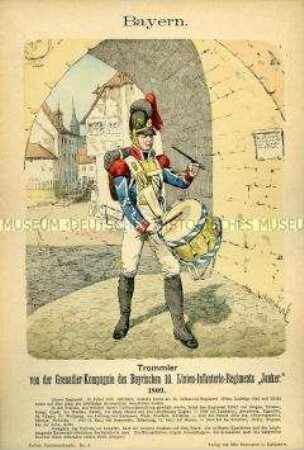 Uniformdarstellung, Tambour der Grenadier-Kompanie des 10. Linien-Infanterie-Regiments, Königreich Bayern, 1809.