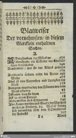 Blatweiser Der vornehmsten, in diesem Wercklein enthaltnen Sachen