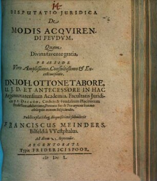 Disputatio Iuridica De Modis Acquirendi Feudum