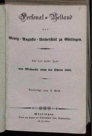 WS 1862/63: Personal-Bestand der Georg-Augusts-Universität zu Göttingen