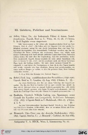 III. Gelehrte, Politiker und Staatsmänner (Nr. 193 - 264)