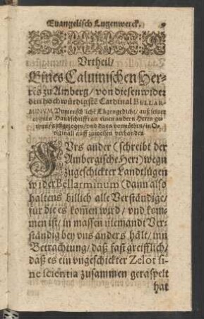 Urtheil/ Eines Calvinischen Herres zu Amberg/ von diesen wider den hochwürdigsten Cardinal Bellarminum ...