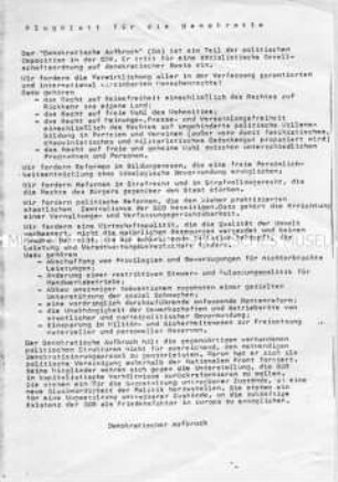 Aufruf des Demokratischen Aufbruch (DA) mit Forderungskatalog zur demokratischen Erneuerung in der DDR - Sachkonvolut