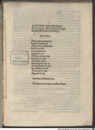 Epitoma seu regulae constructionis : mit Widmungsbrief des Autors an Nicolaus Rubeus, Venedig 30.9.1492, und mit einem Verzeichnis seiner Werke