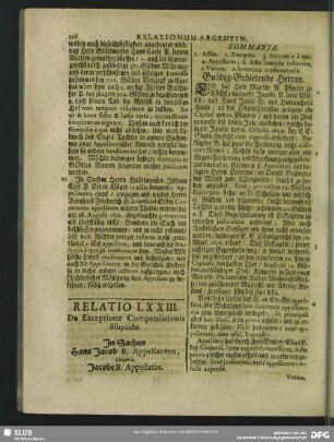 Relatio LXXIII. De Exceptione Compensationis illiquidae. In Sachen Hans Jacob B. Appellanten, Contra Jacobe B. Appellantin