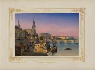 Ansicht vom Terrassenufer mit der Hofkirche, gouachierte Lithogr., um 1850 : Ansicht vom Terrassenufer mit der Hofkirche in Dresden, - [ca. 1850]. - 1 Kunstblatt : gouachierte Lithogr. ; 17 x 11 cm