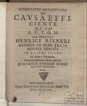 Dissertatio Metaphysica De Causa Efficiente