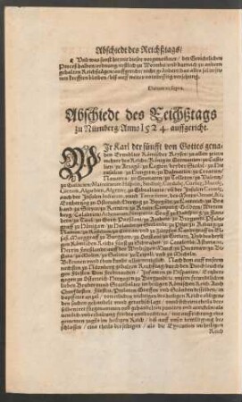 Abschiedt des Reichßtags zu Nürnberg/ Anno 1524. auffgericht.