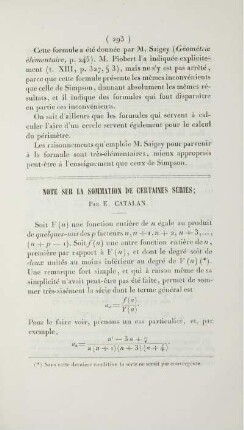Note sur la sommation de certaines séries.