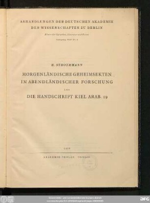Morgenländische Geheimsekten in abendländischer Forschung und die Handschrift Kiel Arab. 19