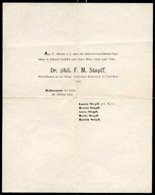Todesanzeige von F.M. Stapff