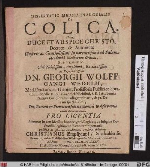Dissertatio Medica Inauguralis De Colica