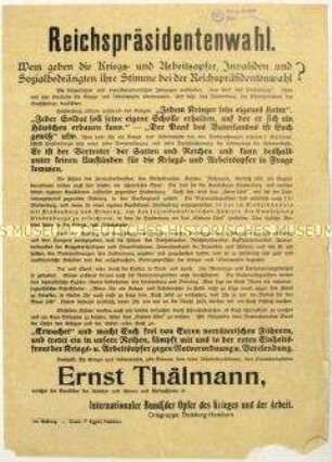 Aufruf des Internationalen Bundes der Opfer des Krieges und der Arbeit zur Wahl von Ernst Thälmann zum Reichspräsidenten 1932