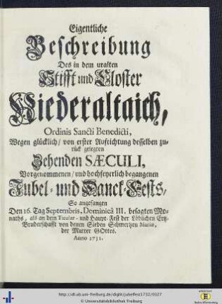Eigentliche Beschreibung des ... hochfeyerlich begangenen Jubel- und Danck-Fests.