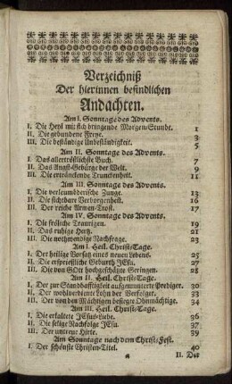 Verzeichniß Der hierinnen befindlichen Andachten. [Erstes Register.]