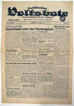 Sozialdemokratische Tageszeitung "Nordböhmischer Volksbote" u.a. über Hunger in NS-Deutschland