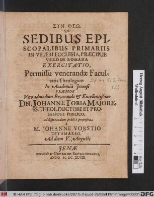 De Sedibus Episcopalibus Primariis In Veteri Ecclesia, Praecipue Vero De Romana Exercitatio