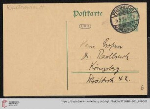 Nachlass Gustav Radbruch. Korrespondenz Hermann Kantorowicz/Gustav Radbruch: Karte von Hermann Kantorowicz an Gustav Radbruch