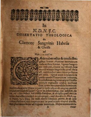 Disputatio Theologica De Clamore Sanguinis Habelis & Christi : Ad Hebr. 12. vers. 24.